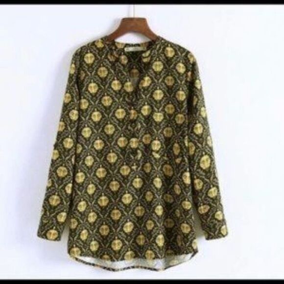 ZARA yellow black print button down blouse size XS - Picture 4 of 13